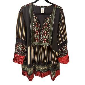Ulla Popken Boho Floral Hearts Mixed Media Velvet Trim Mini Dress, size 24/26